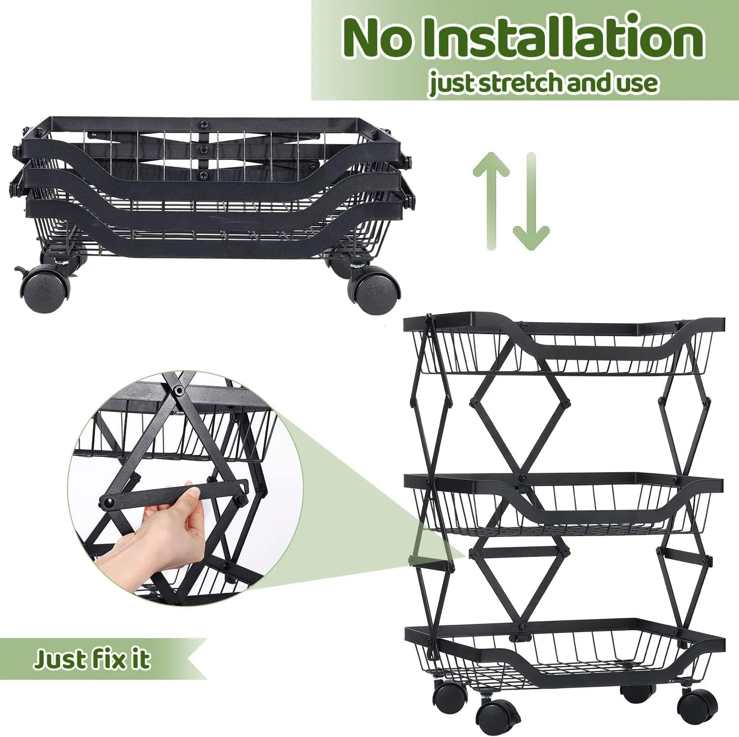 Kuber Industries 4-Layer Collapsible Kitchen Rack|Multipurpose Storage Basket|360-Degree Rotable Kitchen Trolley|Fruit Basket Pack of 3 (Black)