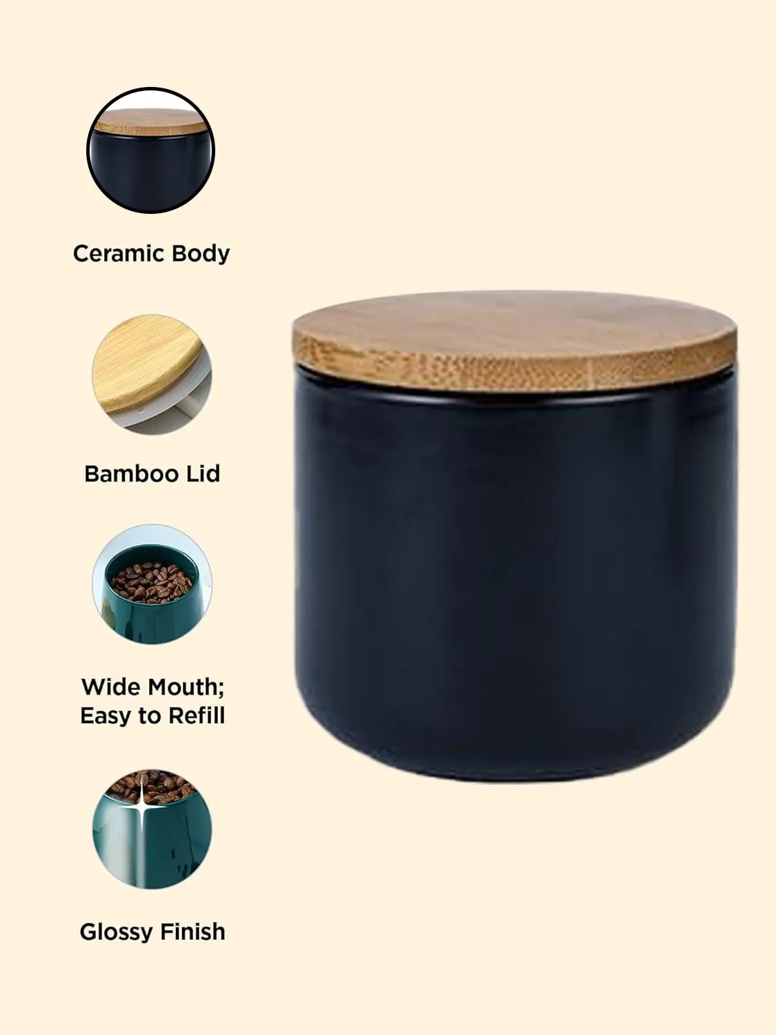 Kuber Industries Ceramic Jar | Food Storage Jar | Kitchen Storage Jar | Round Jar for Home | Sugar Storage Jar | Airtight Bamboo Lid | YX05-S-BK | 260 ML | Black