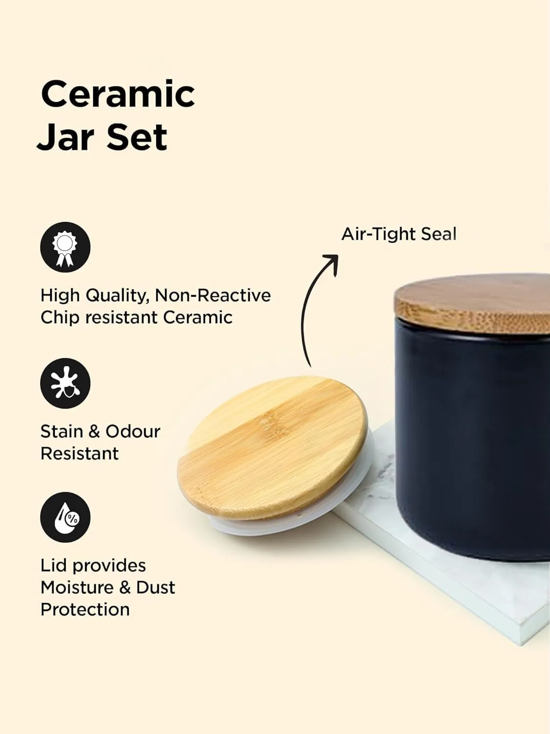 Kuber Industries Ceramic Jar | Food Storage Jar | Kitchen Storage Jar | Round Jar for Home | Sugar Storage Jar | Airtight Bamboo Lid | YX05-S-BK | 260 ML | Black