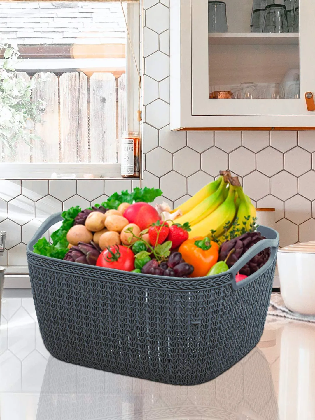 Kuber Industries Q-6 Unbreakable Plastic 2 Pieces Multipurpose Large Size Flexible Storage Baskets/Fruit Vegetable Bathroom Stationary Home Basket with Handles (Grey)