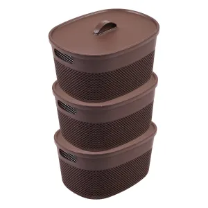 Kuber Industries Unbreakable Large Multipurpose Storage Baskets with lid|Design-Netted|Material-Plastic|Shape-Oval|Color-Brown|Pack of 3