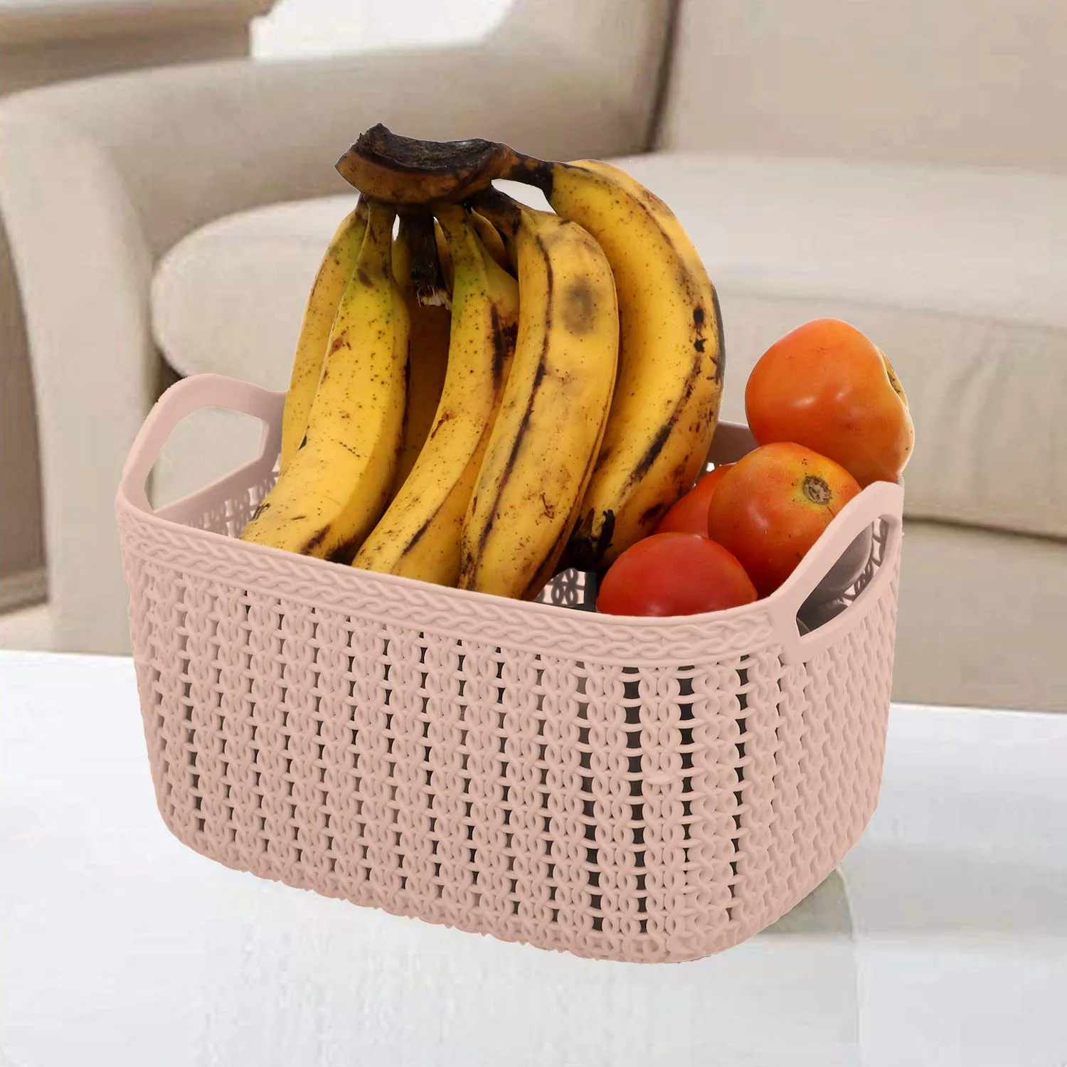 Kuber Industries Unbreakable Plastic 3 Pieces Multipurpose Large Size Flexible Storage Baskets/Fruit Vegetable Bathroom Stationary Home Basket with Handles (Peach & Brown & Cream) -CTKTC37854