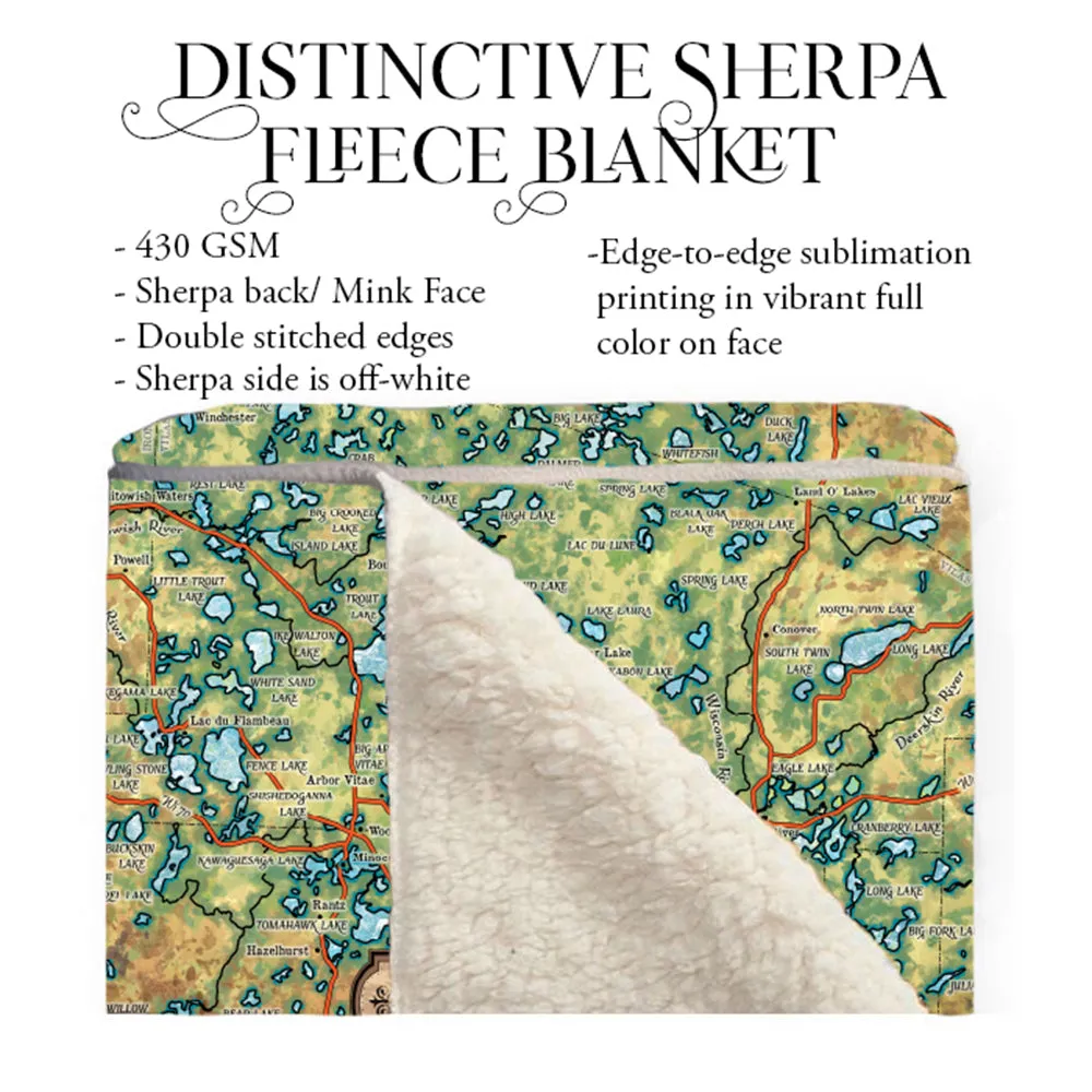 Lakes of Vilas County Wisconsin Map Blanket Double Stitched Edges Cozy Luxury Fluffy Super Soft 430 GSM Polyester Throw Blanket