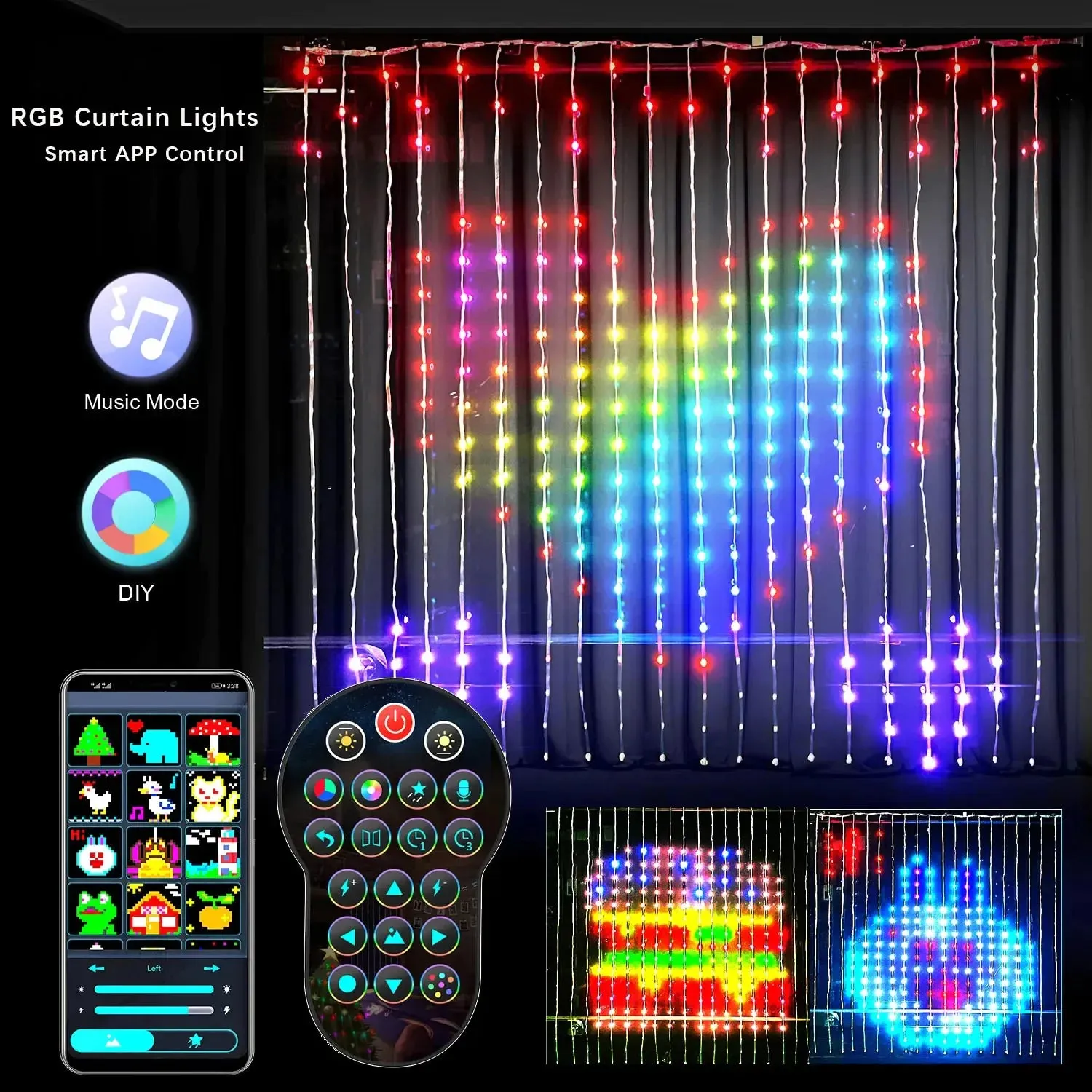 LED Bluetooth Smart RGB Curtain Lights - DIY Fairy Light Garland for Parties, Weddings, and Christmas Decor