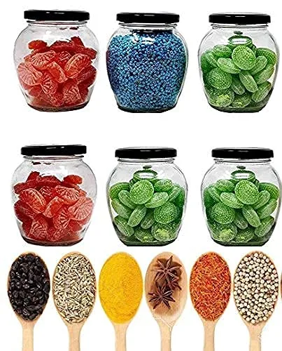 MEELANA Airtight Glass Jars and Container For Kitchen Items and Accessories 400 ml Mataki Glass Jar with Metal Lid For Ghee Pickle Dryfruits Tea Coffee Sugar (Black-6)