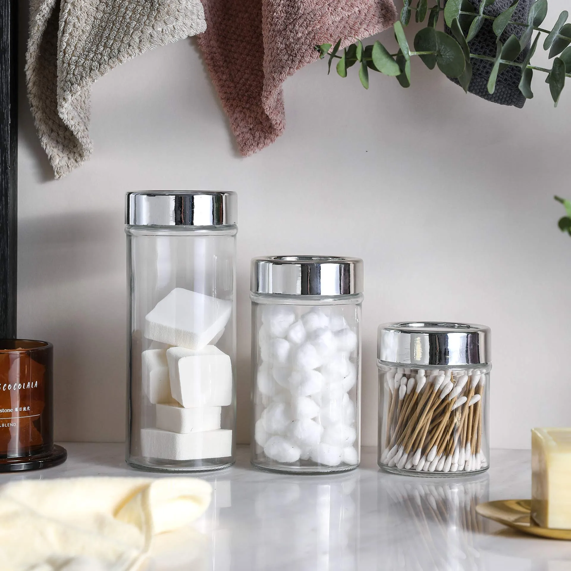 Mini Glass Storage Jars with Airtight Silver Plastic Lids Set