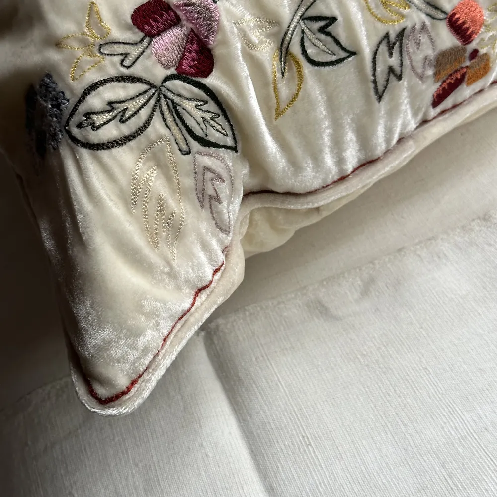 New Flower Embroidered Silk Velvet Cushion in Ivory