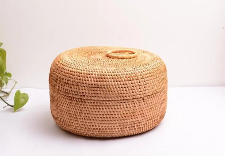 Rattan Basket, Storage Basket with Lid, Woven Basket for Kitchen, Storage Basket for Dining Room, Round Storage Basket