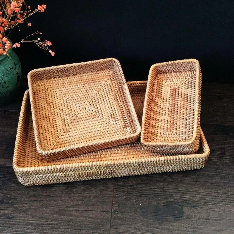 Rectangular Storage Baskets, Woven Rattan Storage Basket, Kitchen Storage Baskets, Storage Baskets for Shelves, Set of 3