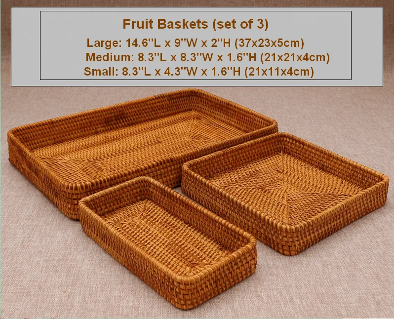 Rectangular Storage Baskets, Woven Rattan Storage Basket, Kitchen Storage Baskets, Storage Baskets for Shelves, Set of 3