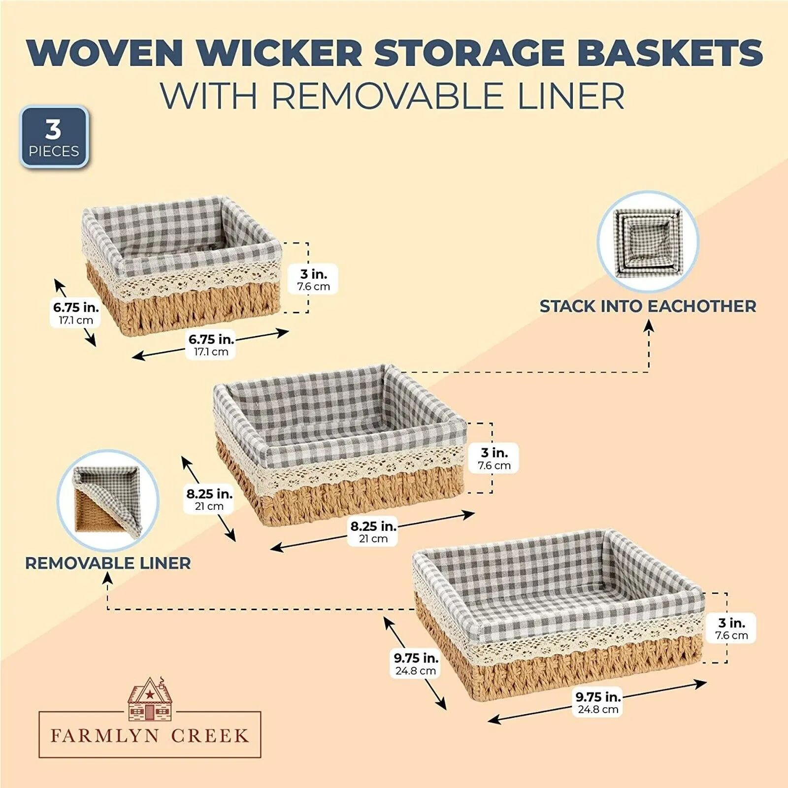 Set of 3 Rectangular Wicker Baskets with Removable Liner, Woven Shelves, 3 Sizes