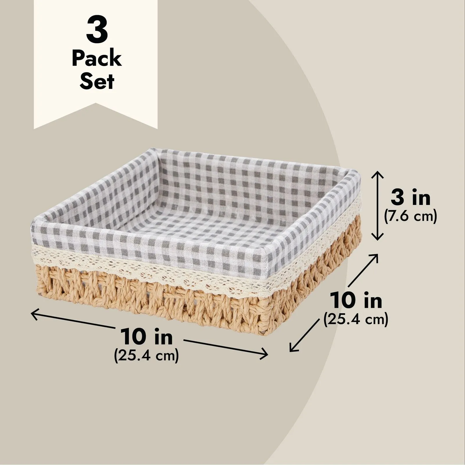 Set of 3 Rectangular Wicker Baskets with Removable Liner, Woven Shelves, 3 Sizes