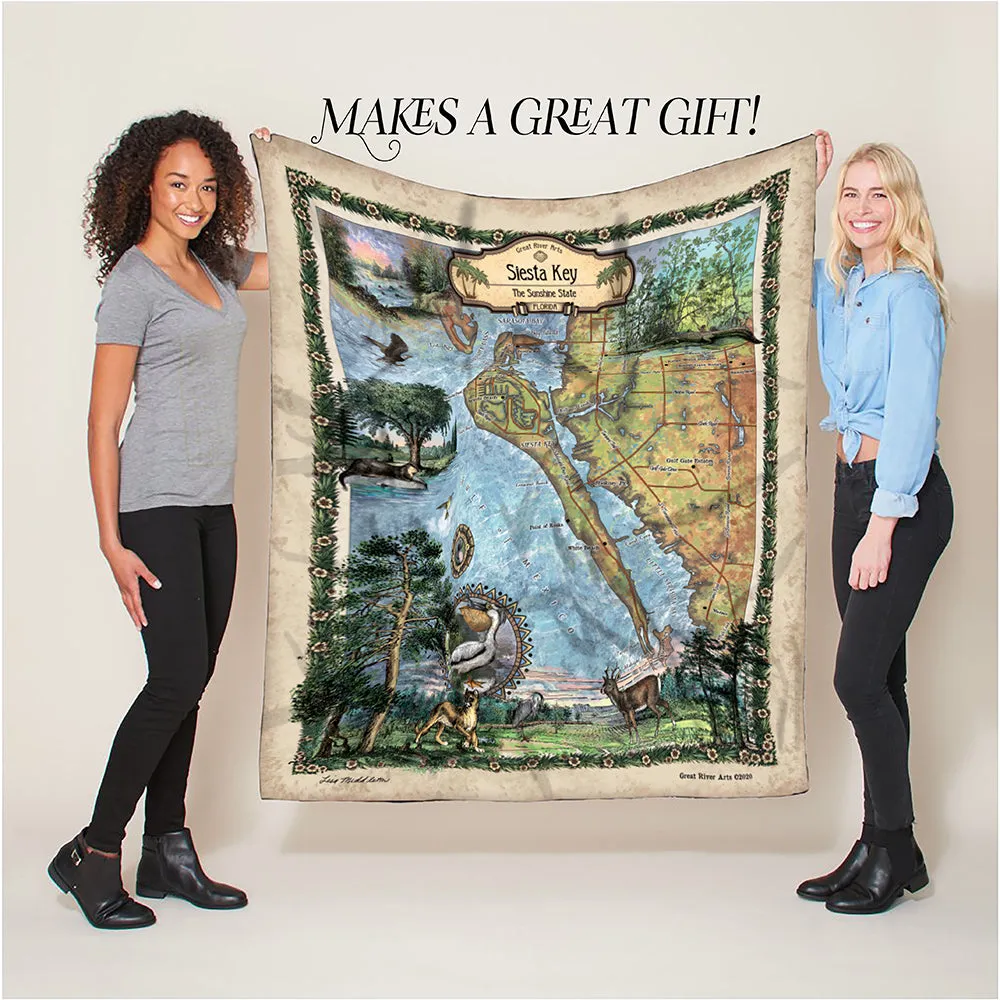 Siesta Key Florida Map Blanket Double Stitched Edges Cozy Luxury Fluffy Super Soft 430 GSM Polyester Throw Blanket