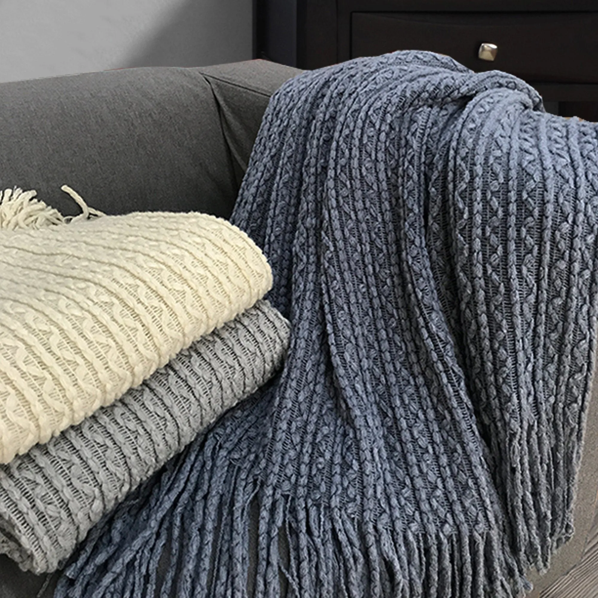 Simon - Lightweight Cable Knit Throw with Self Fringe