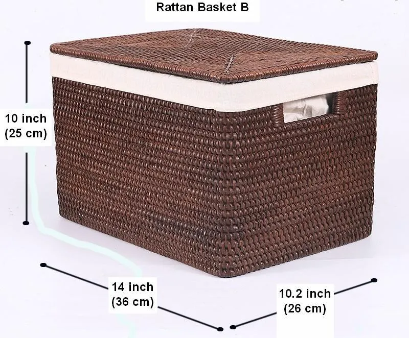 Storage Baskets for Bathroom, Rectangular Storage Baskets, Storage Basket with Lid, Storage Baskets for Clothes, Large Brown Rattan Storage Baskets