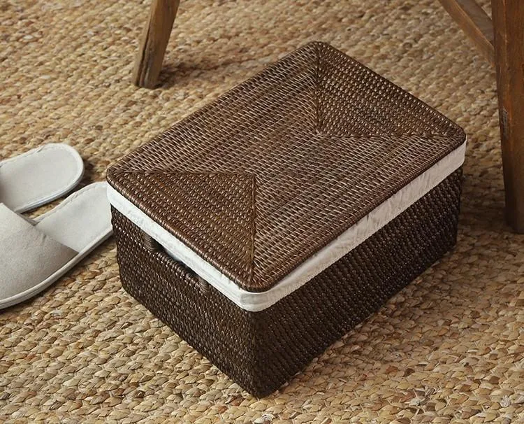 Storage Baskets for Bathroom, Rectangular Storage Baskets, Storage Basket with Lid, Storage Baskets for Clothes, Large Brown Rattan Storage Baskets