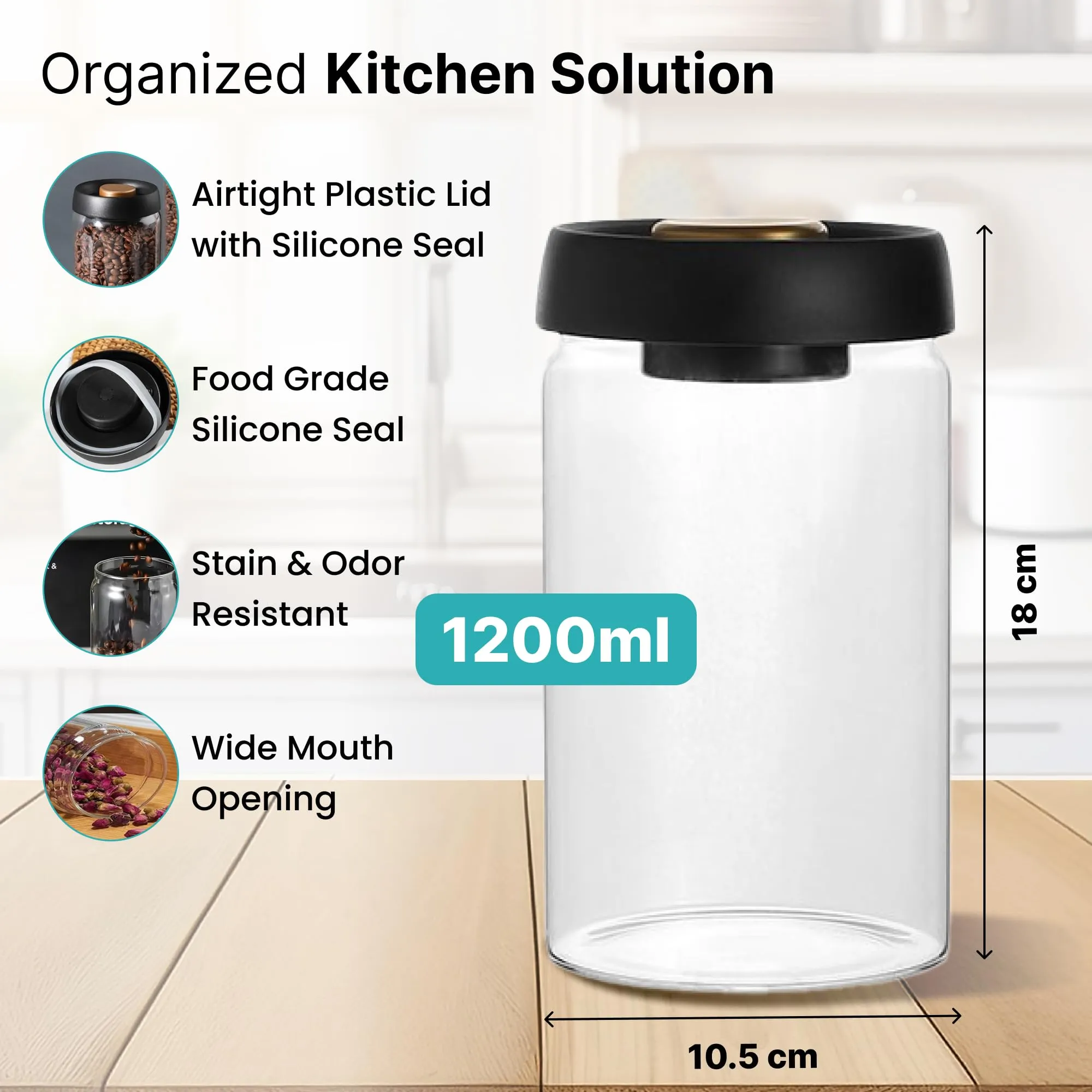 The Better Home Borosilicate Glass Jars for Kitchen Storage with Vacuum Plastic Lids | 1200ml | Multipurpose, Airtight, Leakproof Jars for Cookies, Snacks, Spices, Nuts, Dry Fruits | Pack of 6