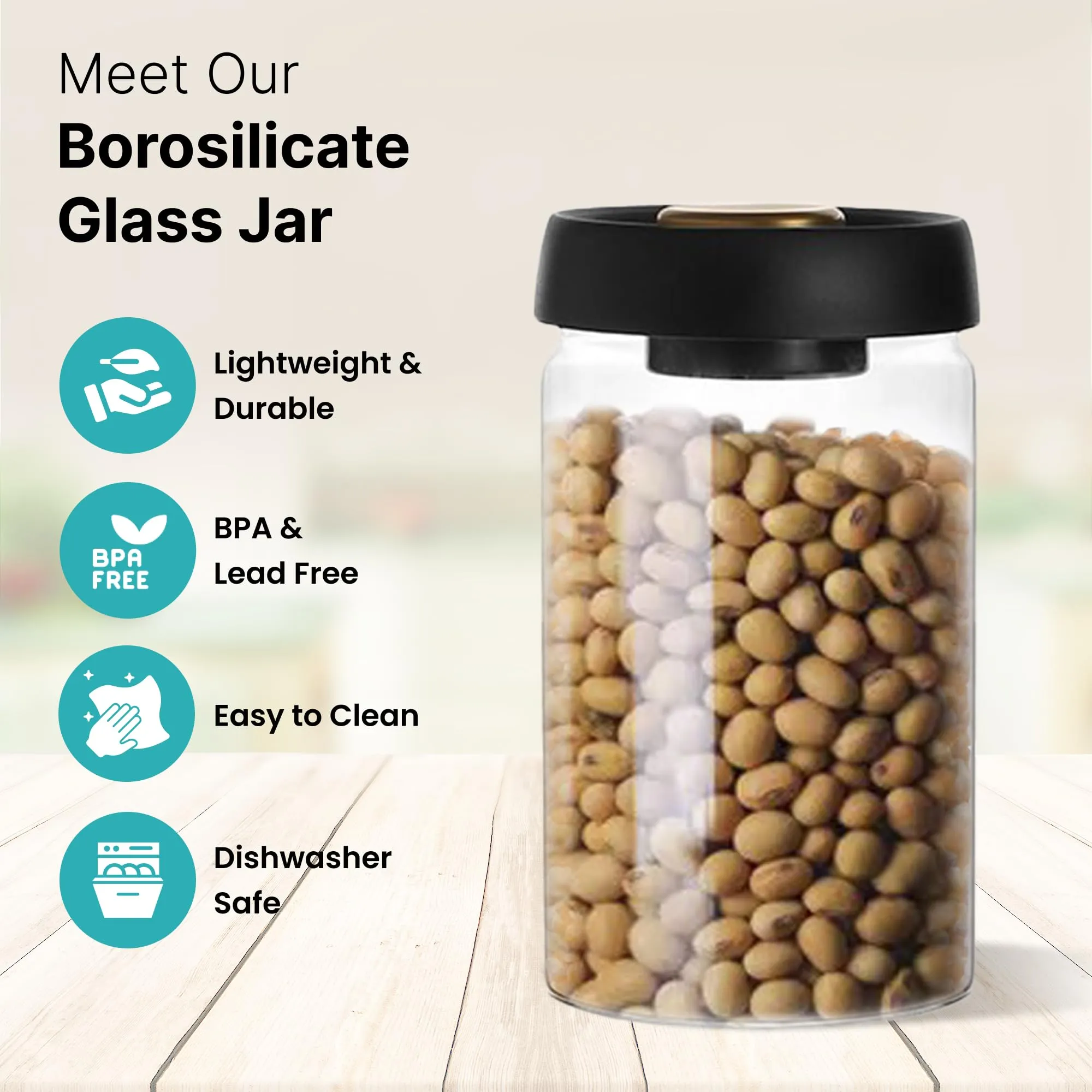 The Better Home Borosilicate Glass Jars for Kitchen Storage with Vacuum Plastic Lids | 1200ml | Multipurpose, Airtight, Leakproof Jars for Cookies, Snacks, Spices, Nuts, Dry Fruits | Pack of 6