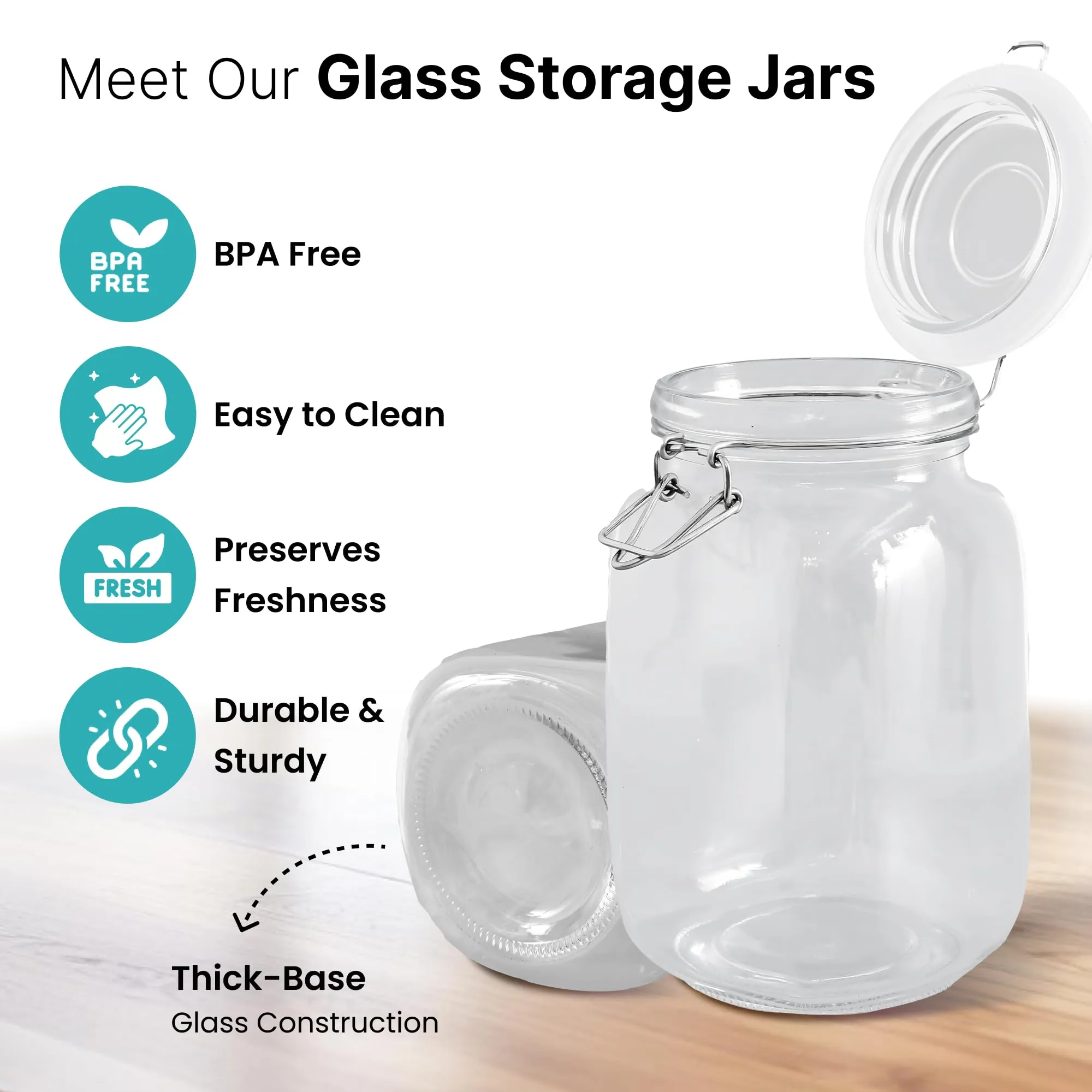 The Better Home Glass Jars for Kitchen Storage | 1500ml | Mason Jar with Buckle Lid and Wide Mouth | Airtight Glass Container for Food Storage with leakproof rubber gasket | Transparent | Pack of 2