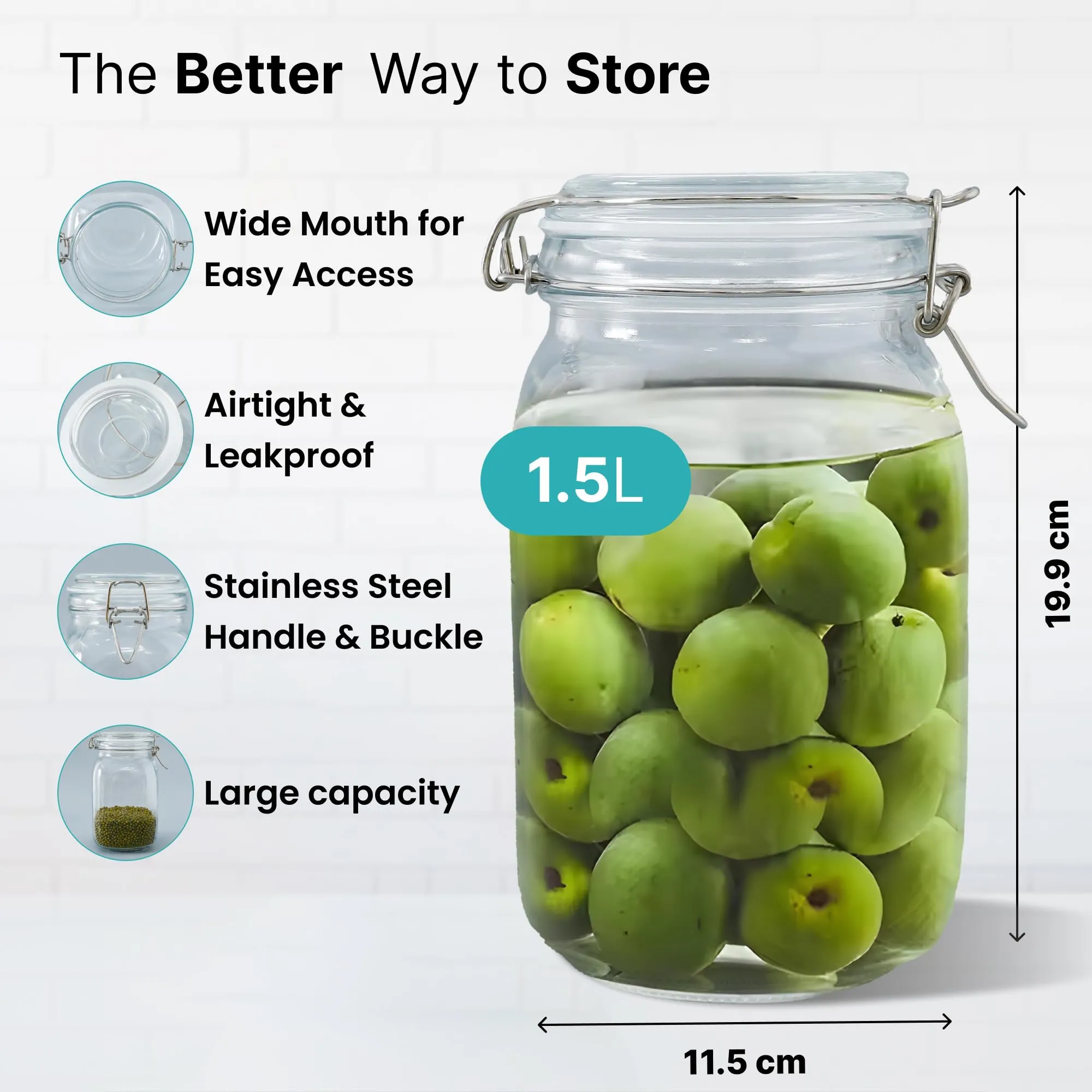 The Better Home Glass Jars for Kitchen Storage | 1500ml | Mason Jar with Buckle Lid and Wide Mouth | Airtight Glass Container for Food Storage with leakproof rubber gasket | Transparent | Pack of 2