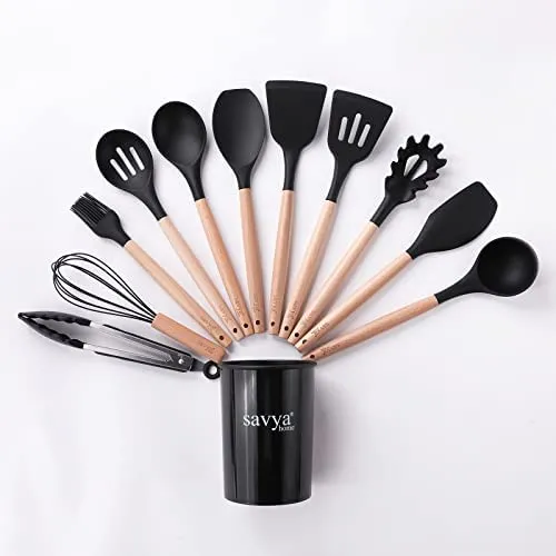 The Better Home Tall Jars 1000ml (Pack of 6) Food Jars |Storage For Kitchen & Savya-12 Pcs Kitchen Utensils Set (Black)-Silicone |Pack and Store Combo (2 Jars   12Pcs Utensil Set)