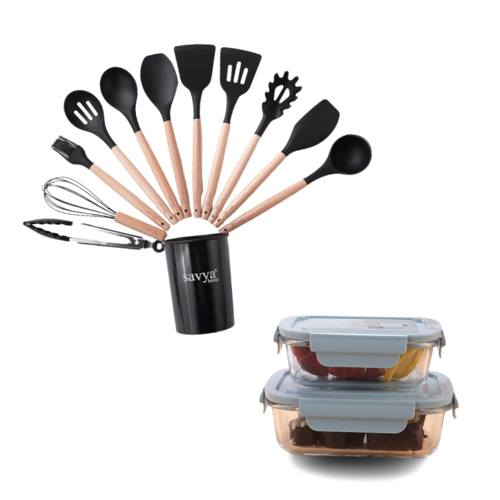 The Better Home Tall Jars 1000ml (Pack of 6) Food Jars |Storage For Kitchen & Savya-12 Pcs Kitchen Utensils Set (Black)-Silicone |Pack and Store Combo (2 Jars   12Pcs Utensil Set)