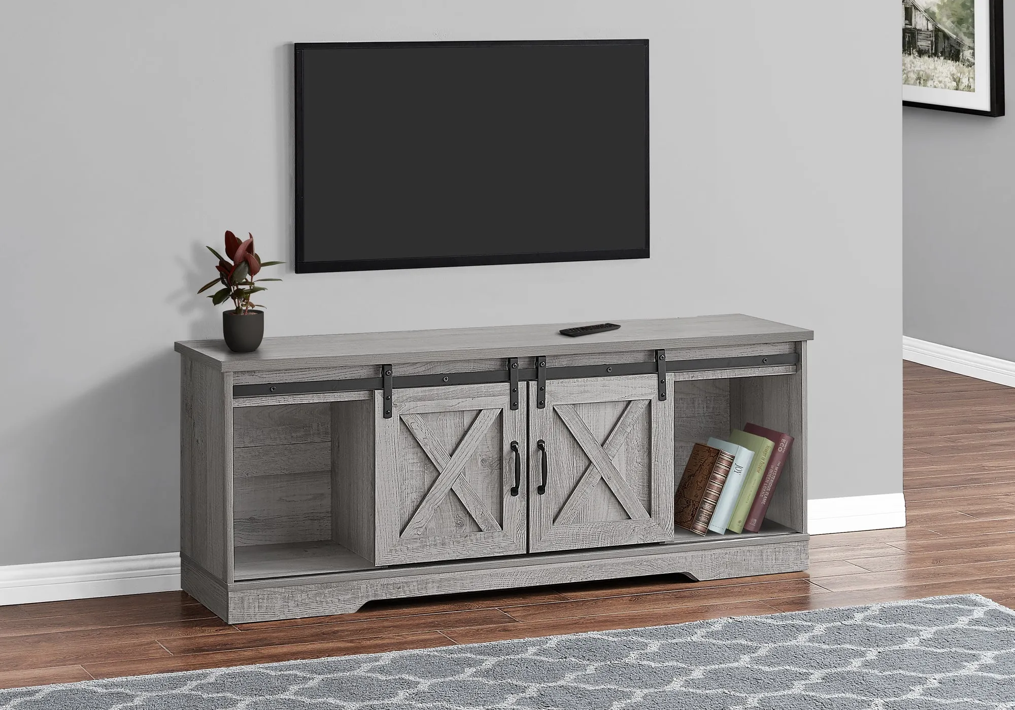 Tv Stand - 60"L / Grey With 2 Sliding Doors