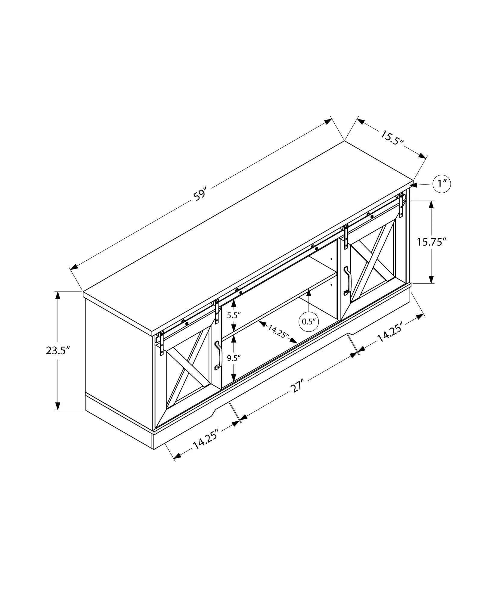 Tv Stand - 60"L / Grey With 2 Sliding Doors