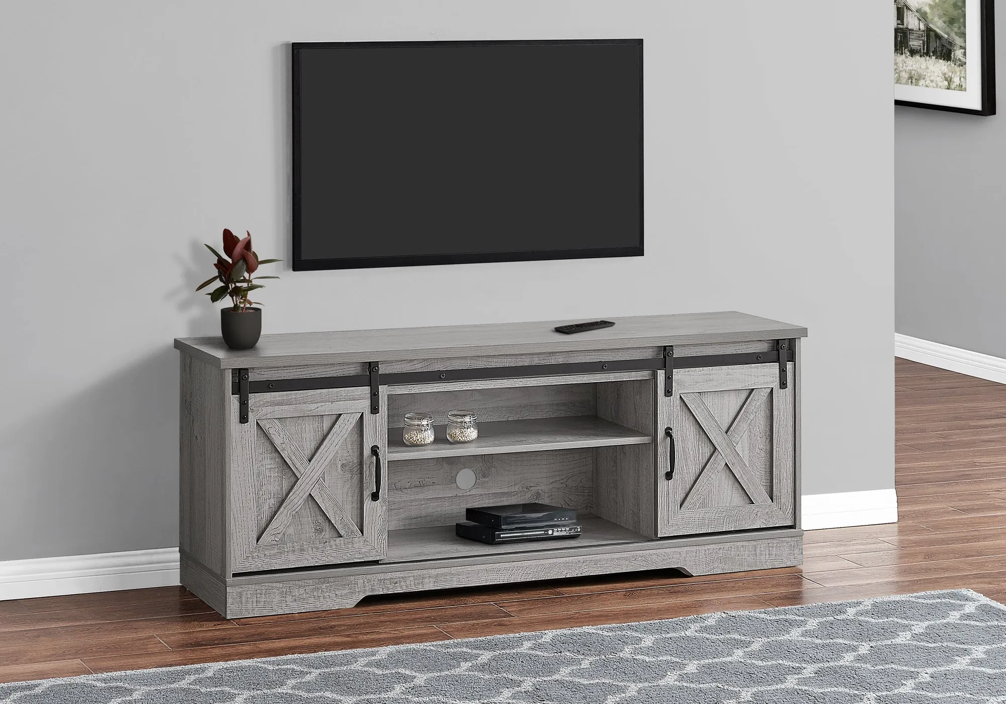 Tv Stand - 60"L / Grey With 2 Sliding Doors