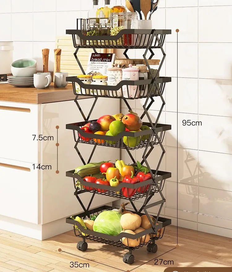 UMAI Collapsible Storage Organizer Baskets Five Layer | Kitchen Racks for Storage of Fruits & Vegetables | Foldable Storage | Kitchen Organizer Items and Storage | Black