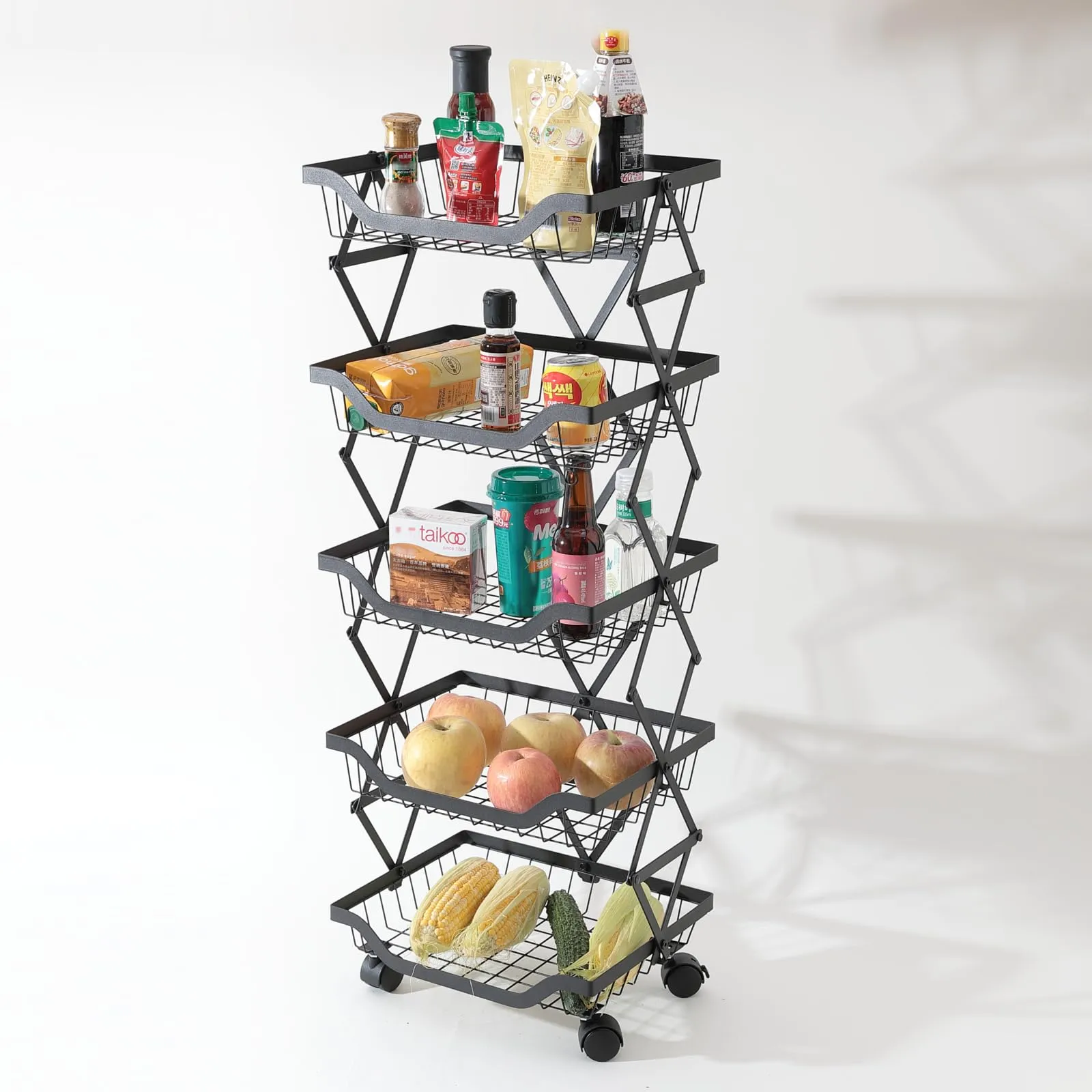 UMAI Collapsible Storage Organizer Baskets Five Layer | Kitchen Racks for Storage of Fruits & Vegetables | Foldable Storage | Kitchen Organizer Items and Storage | Black