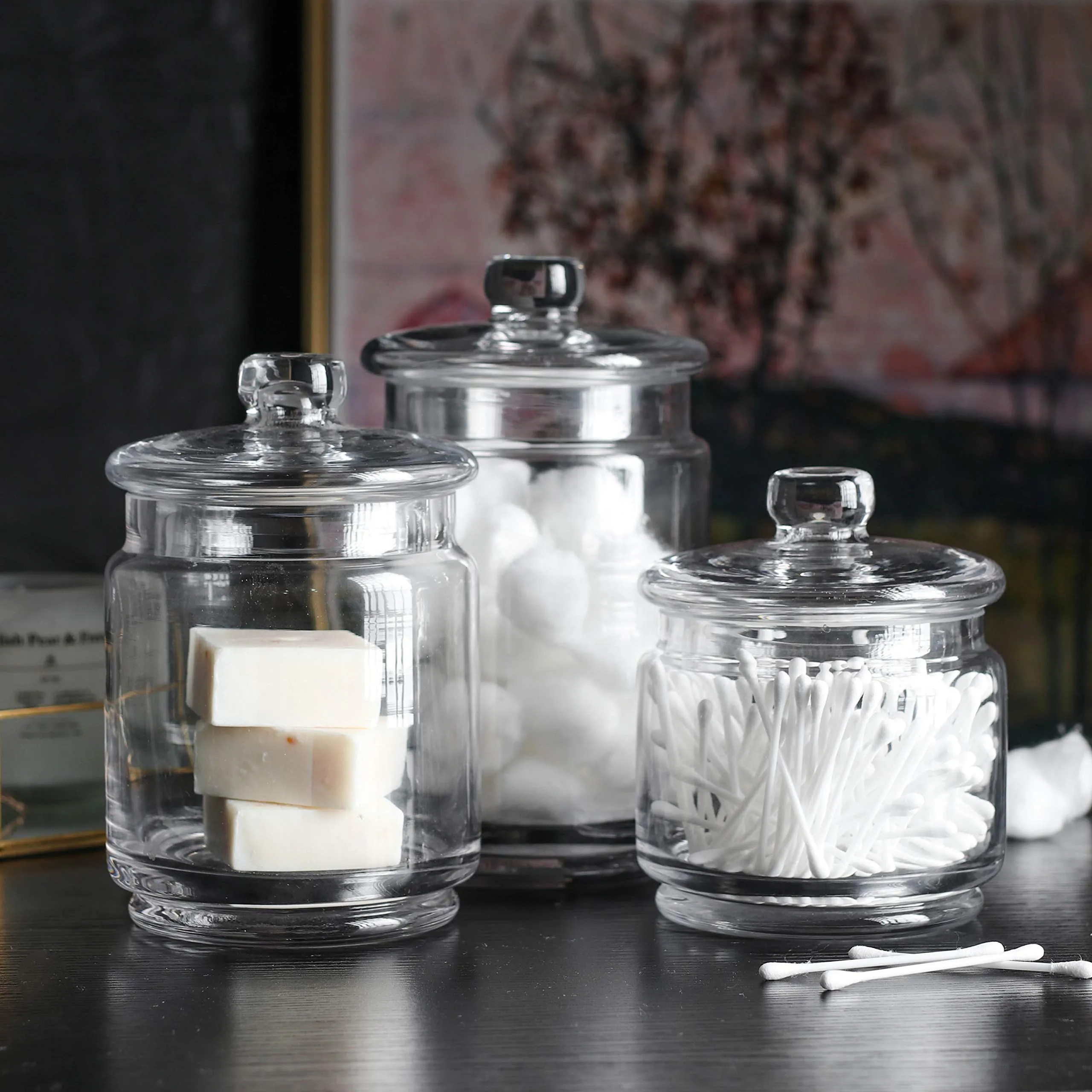 Whole Housewares Clear Glass Apothecary Jars-Cotton Jar-Bathroom Storage Organizer