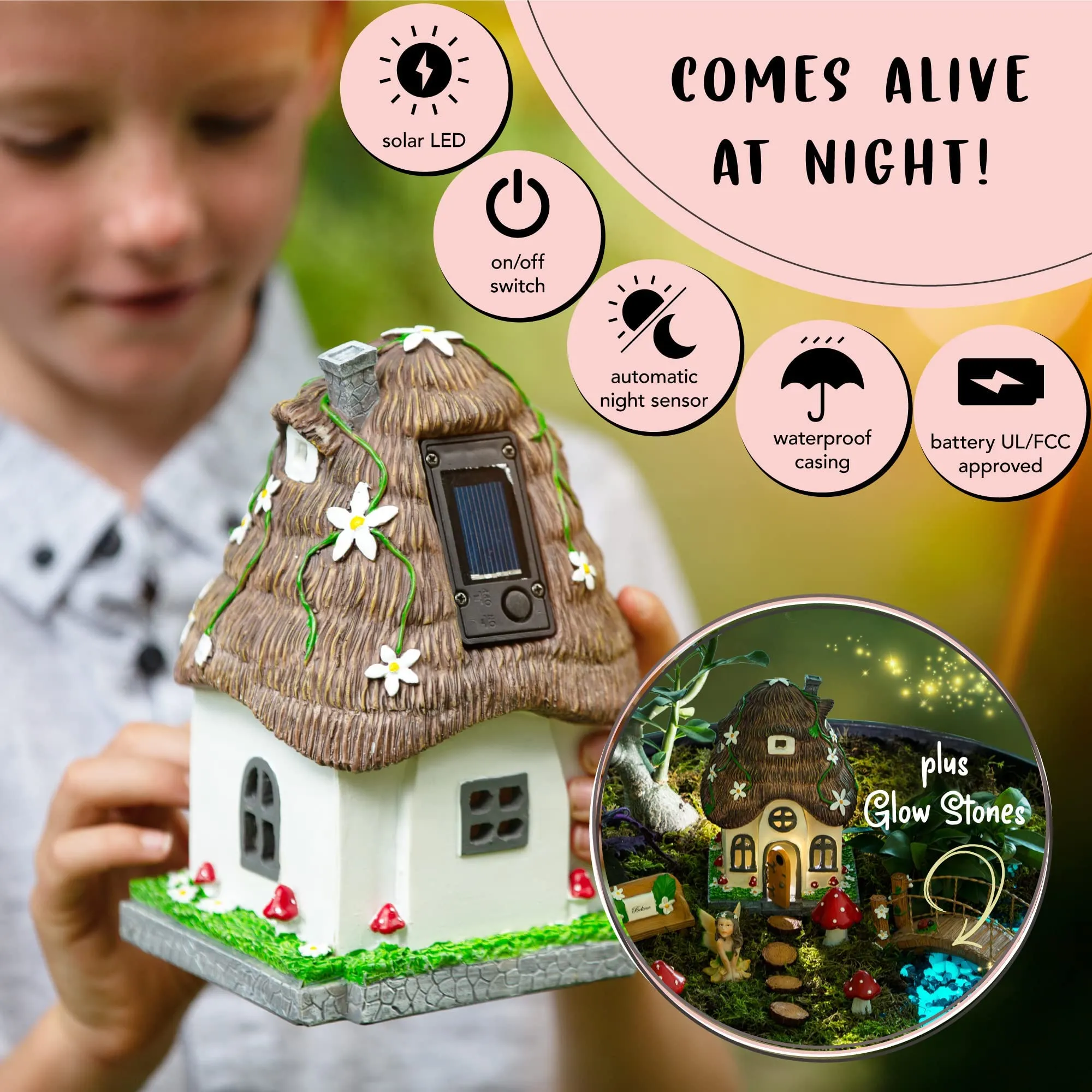 Wild Pixy 13 Piece Glow Fairy Garden Kit With Solar Led House & Tree Door