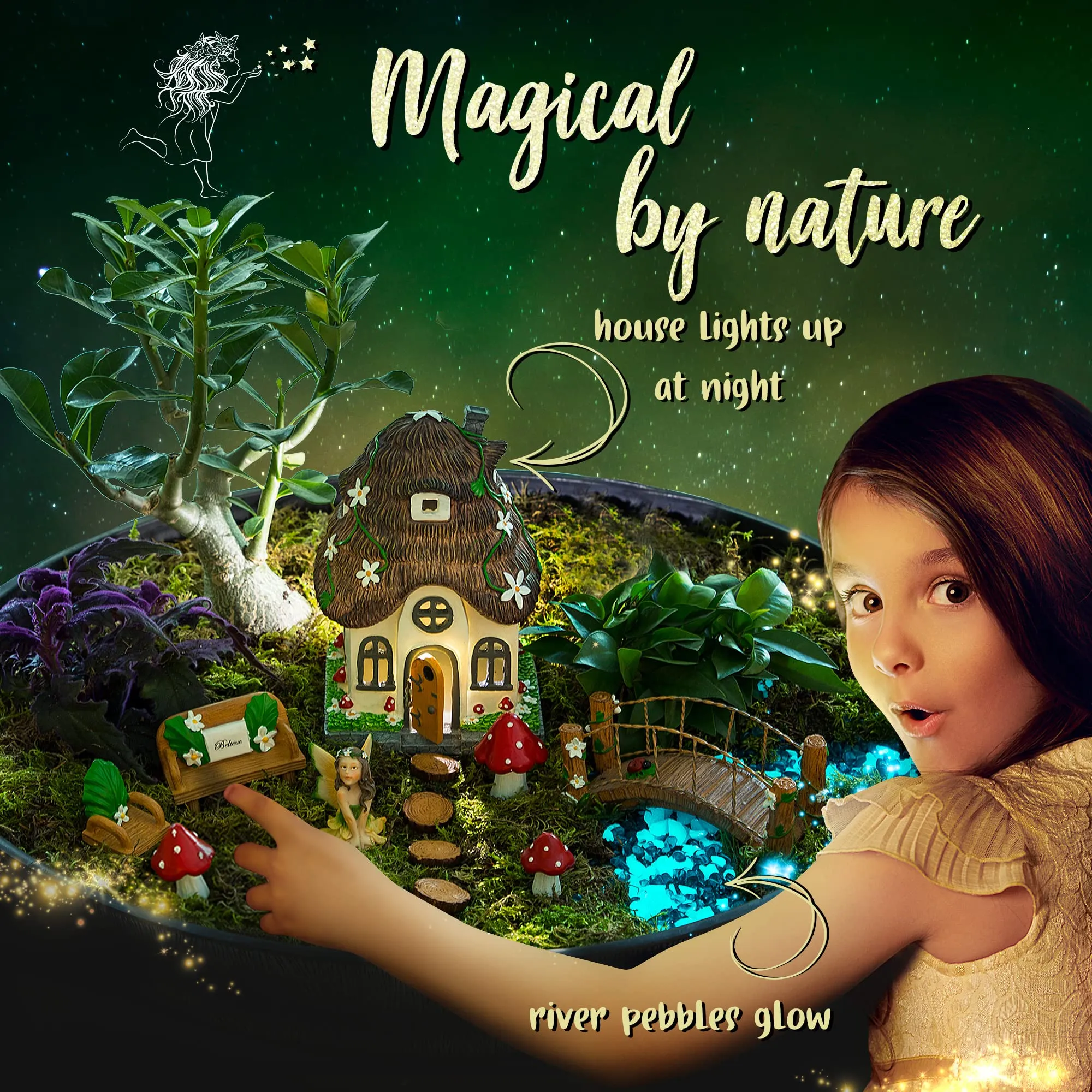 Wild Pixy 13 Piece Glow Fairy Garden Kit With Solar Led House & Tree Door