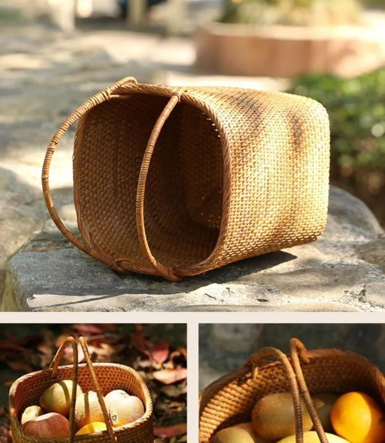 Woven Rattan Storage Basket with Handle, Storage Basket for Picnic, Fruit Storage Basket, Kitchen Storage Basekt