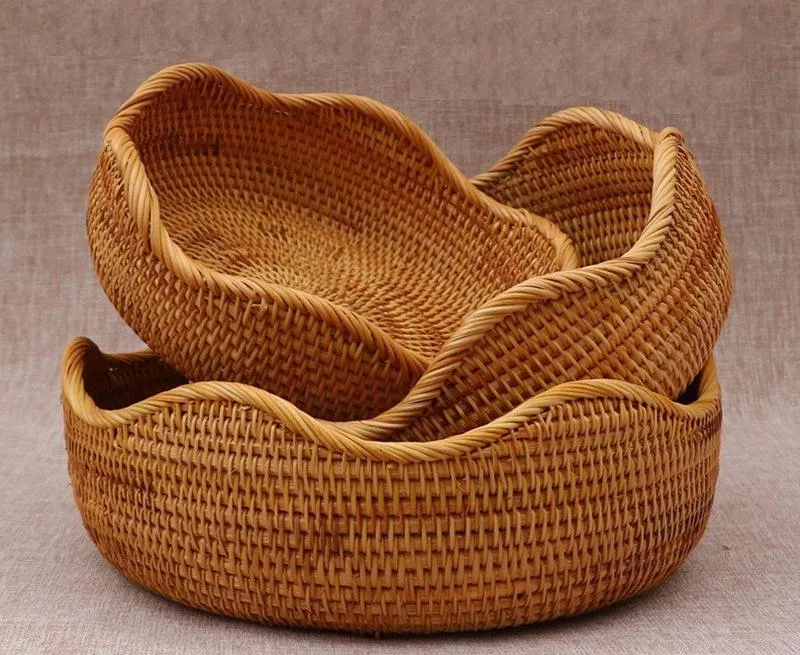 Woven Round Rattan Basket, Storage Basket for Dining Room Table, Woven Storage Basket for Kitchen, Small Storage Baskets, Set of 3