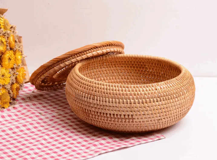 Woven Storage Basket with Lid, Lovely Rattan Round Storage Basket, Round Storage Basket for Kitchen