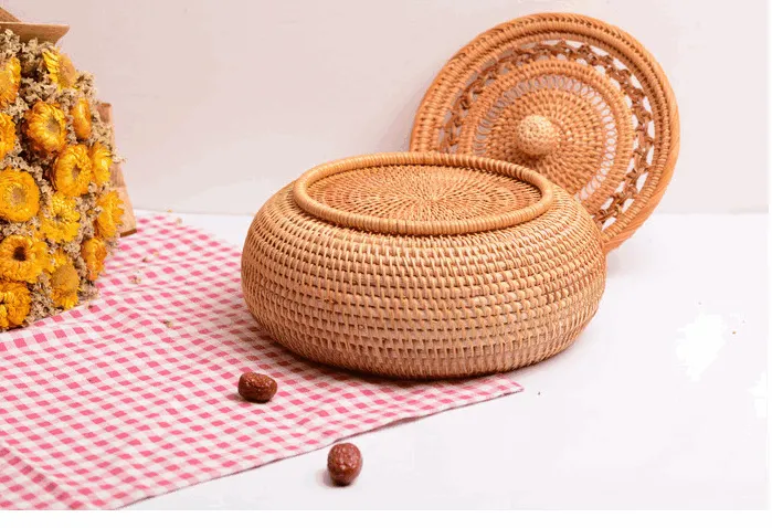 Woven Storage Basket with Lid, Lovely Rattan Round Storage Basket, Round Storage Basket for Kitchen